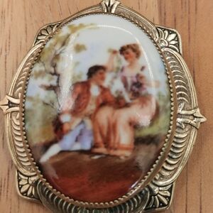 Filigree Oval Porcelain Courting Couple Brooch